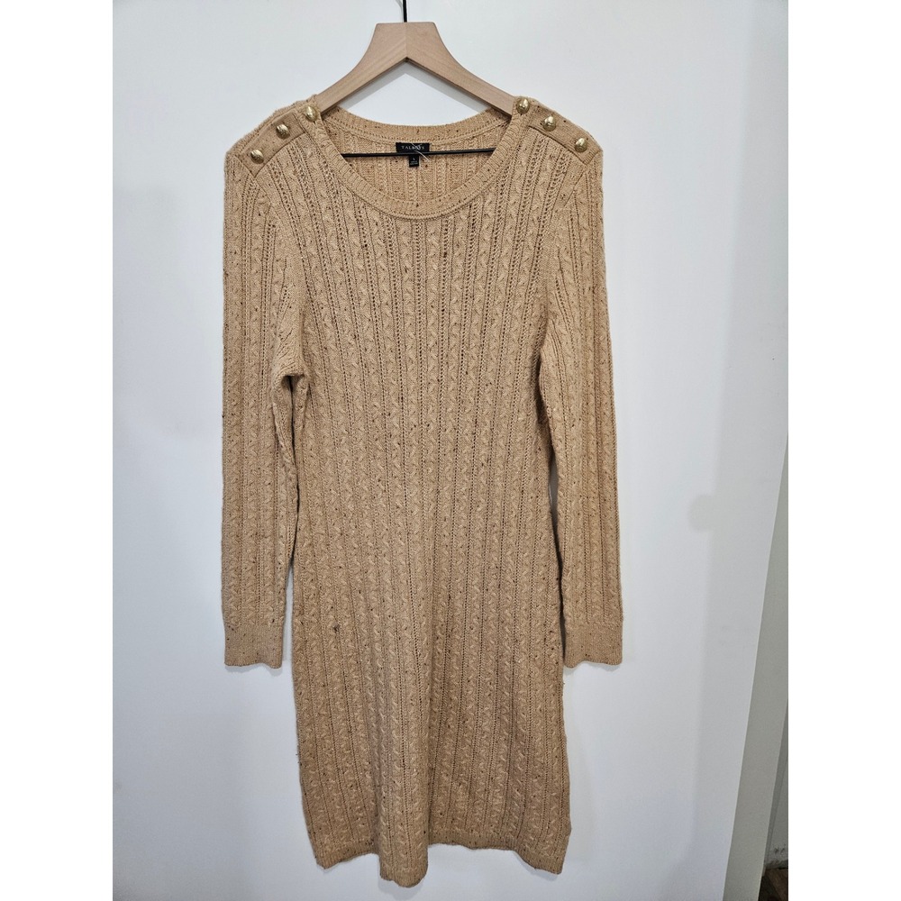 Talbots Womens‎ Tan Cable Knit Sweater Dress Gold Shoulder Buttons Crew Neck L